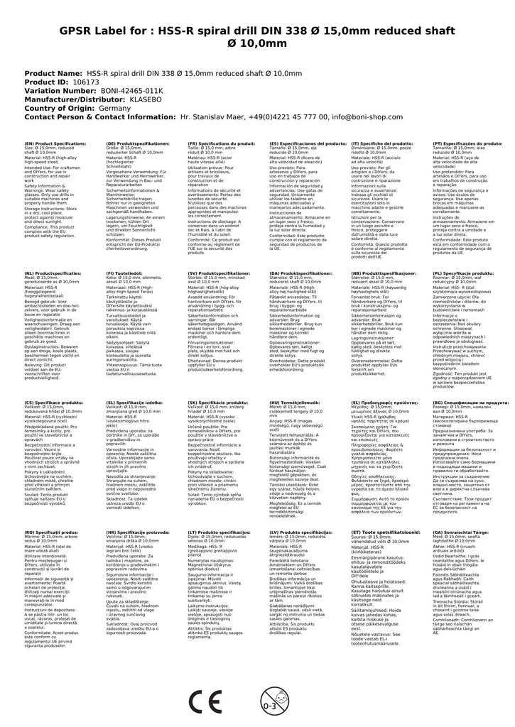 HSS-R Spiralbohrer DIN 338 Ø 15,0mm reduzierter Schaft Ø 10,0mm-2