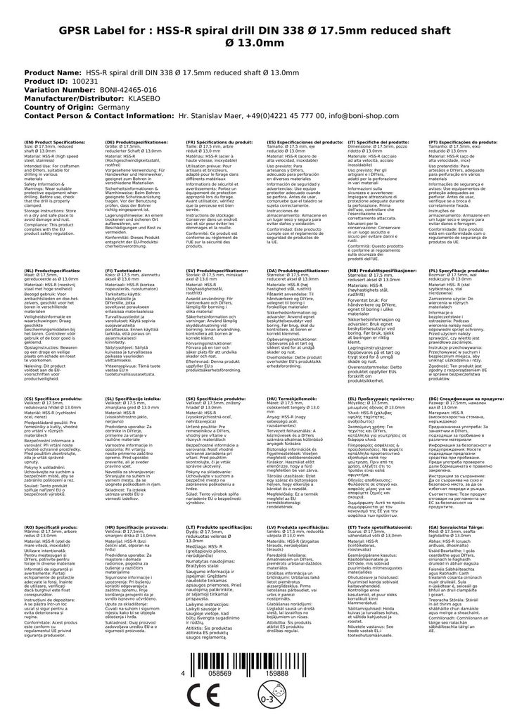 HSS-R Spiralbohrer DIN 338 Ø 17,5mm reduzierter Schaft Ø 13,0mm-2