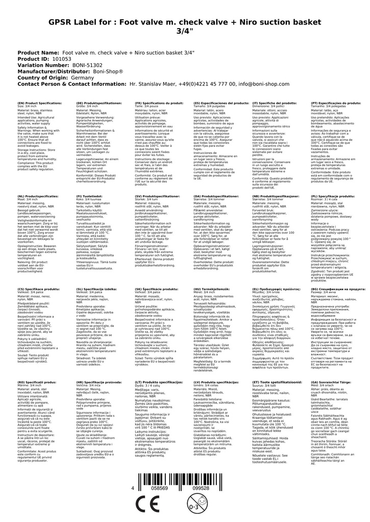 Fussventil m. Rückschlagventil + Niro Saugkorb 3/4"-0