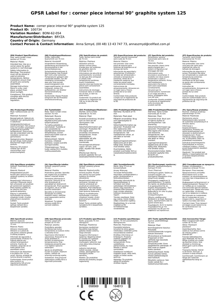 Eckstück Innen 90° graphit System 125-1