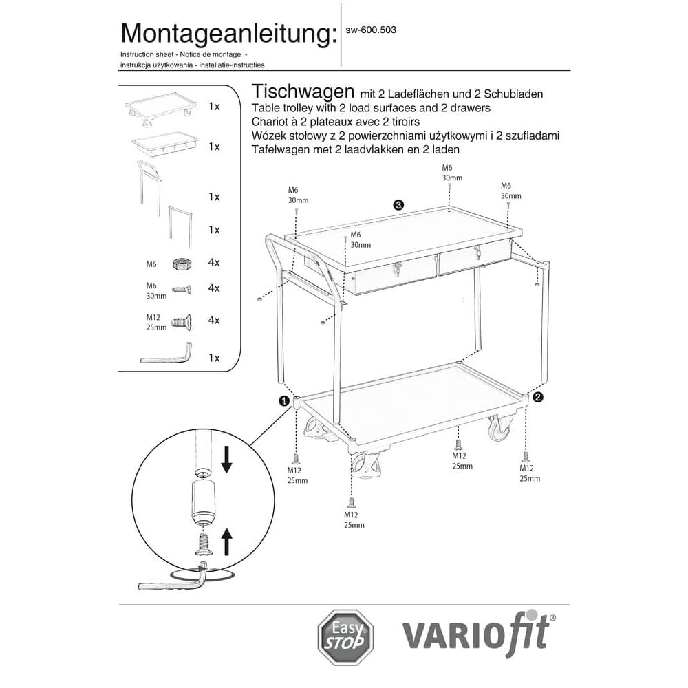 Tischwagen 250 kg mit 2 abschließbaren Schubladen hoher Schiebebügel + EasySTOP-0