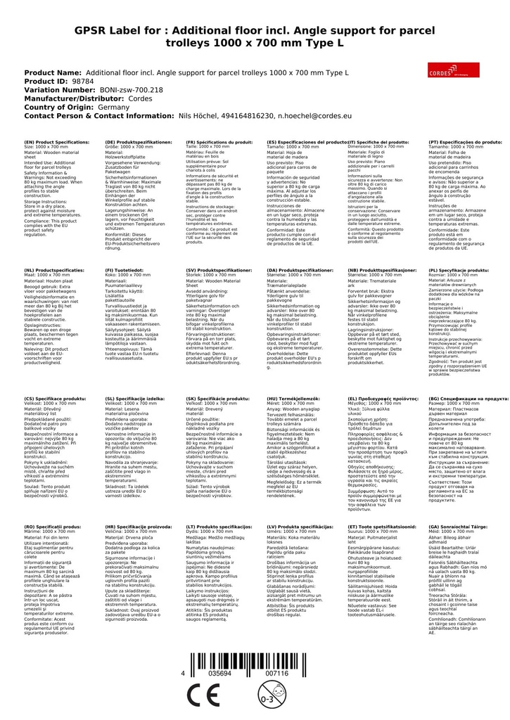 Zusatzboden inkl. Winkelauflage für Paketwagen 1000 x 700 mm Typ L-0