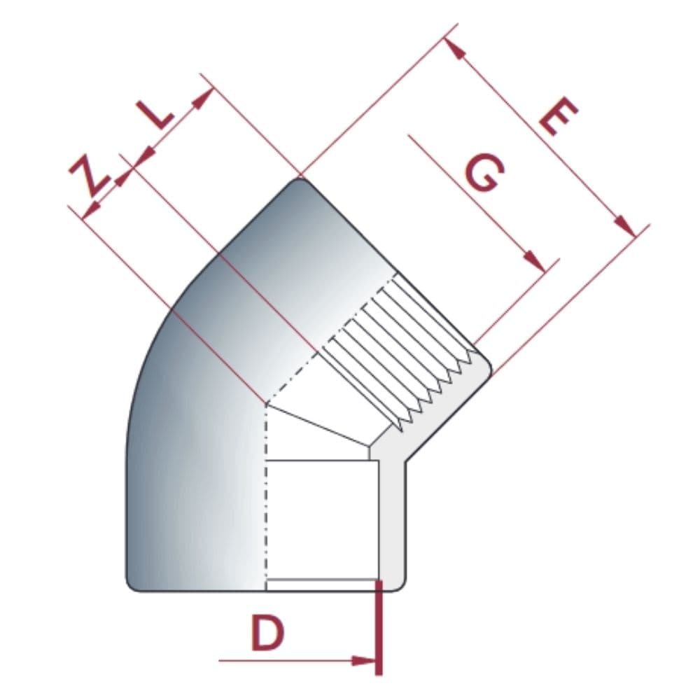 PVC-U 45°Winkel Muffe x IG 25 mm x 3/4" PN10-0