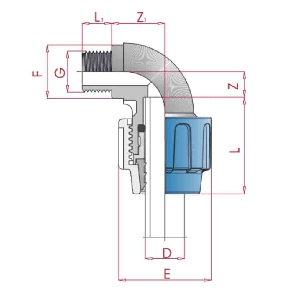 PP PE Rohr Verschraubung 90° Winkel 32 x 3/4" AG-0