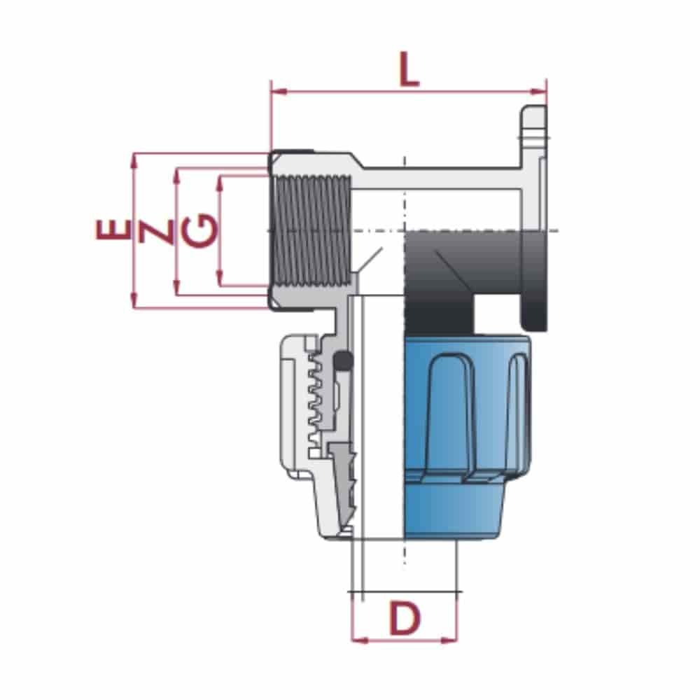 PP PE Rohr Verschraubung 90° verst.Wandhalterung 25 x 3/4" IG-0