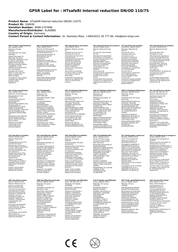 HTsafeRI Innenreduktion DN/OD 110/75-2