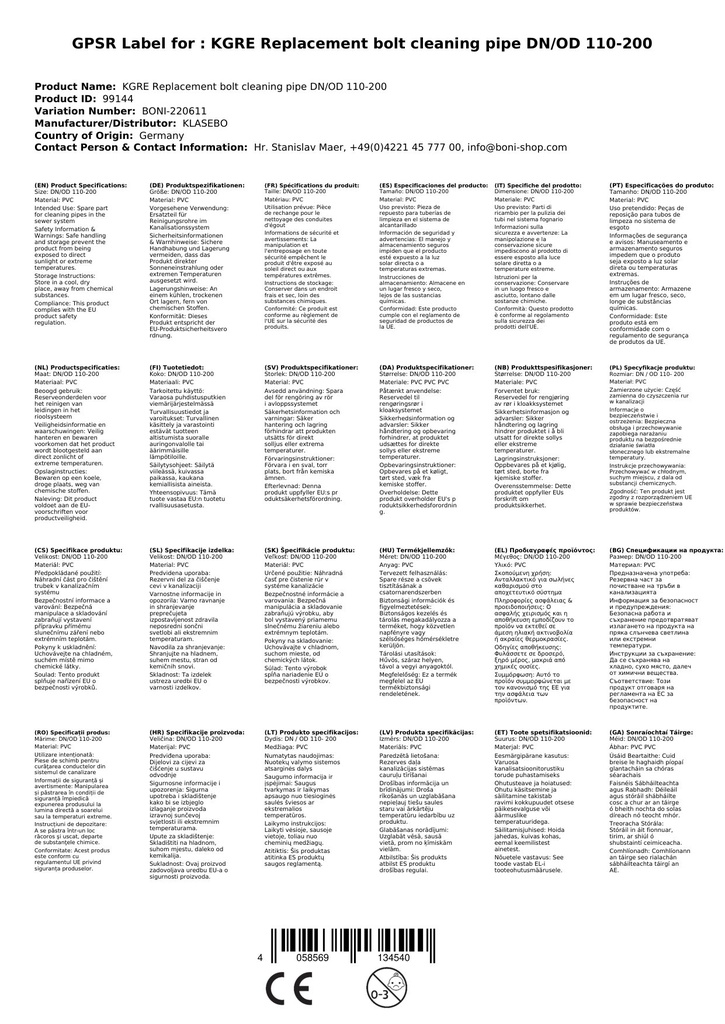 KGRE Ersatzbolzen Reinigungsrohr DN/OD 110-200-2