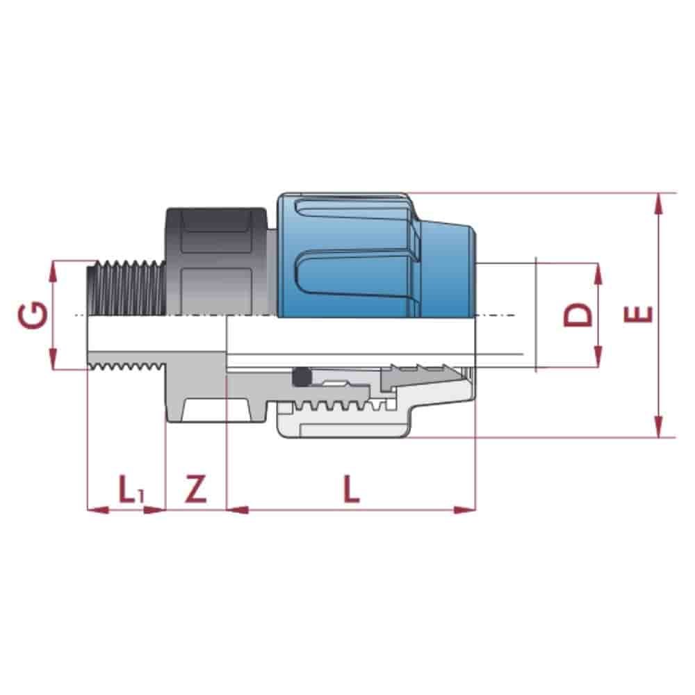 PP PE Rohr Verschraubung Kupplung 40 x 1" AG-0